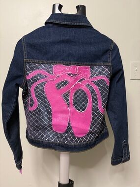 Handpainted Dark Blue Denim Jacket with Pink Ballet Slippers